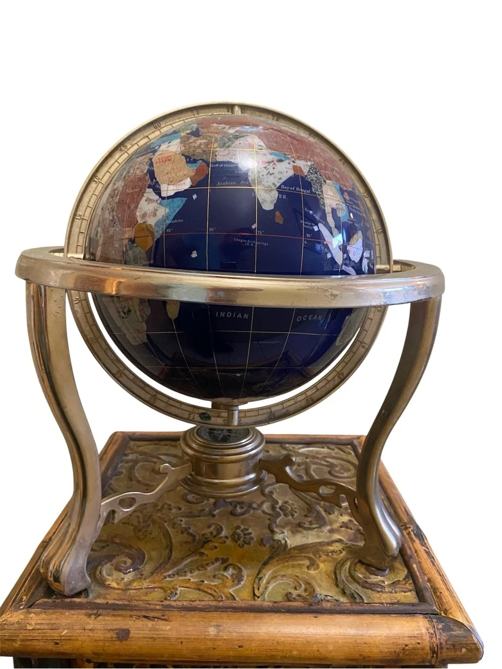 Lapis Gemstone Glob Compassion Decorative Globe W/Brass Tripod Base